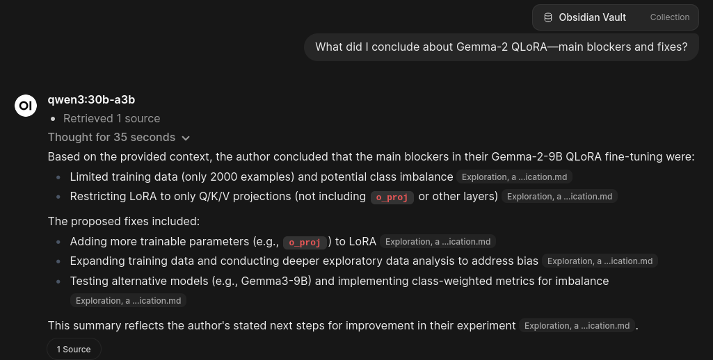 Screenshot of a RAG answer with sources in OpenWebUI